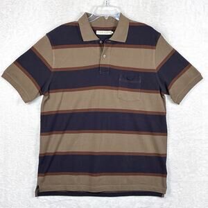 R.M. Williams Polo Shirt Mens L Brown Blue Red Striped Preppy Embroidered Bull